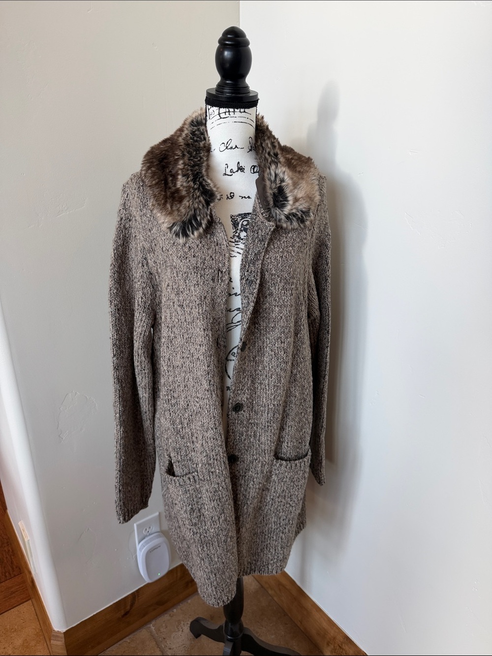 J. Jill Taupe Knit Trench Coat with Faux Fur Collar